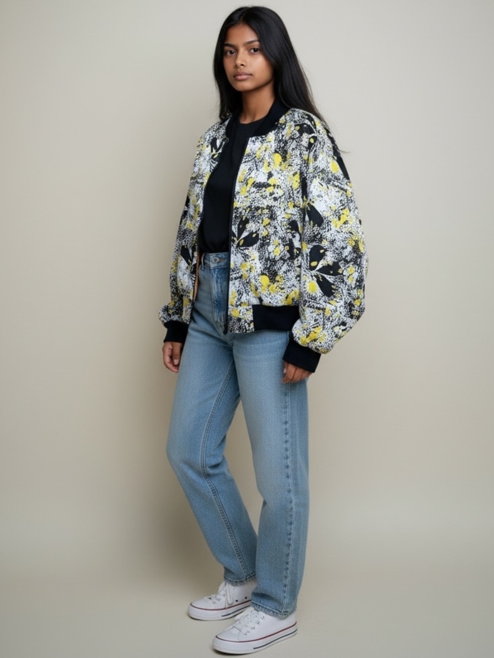 Vintage black white and yellow abstract print oversized bomber jacket size M/L